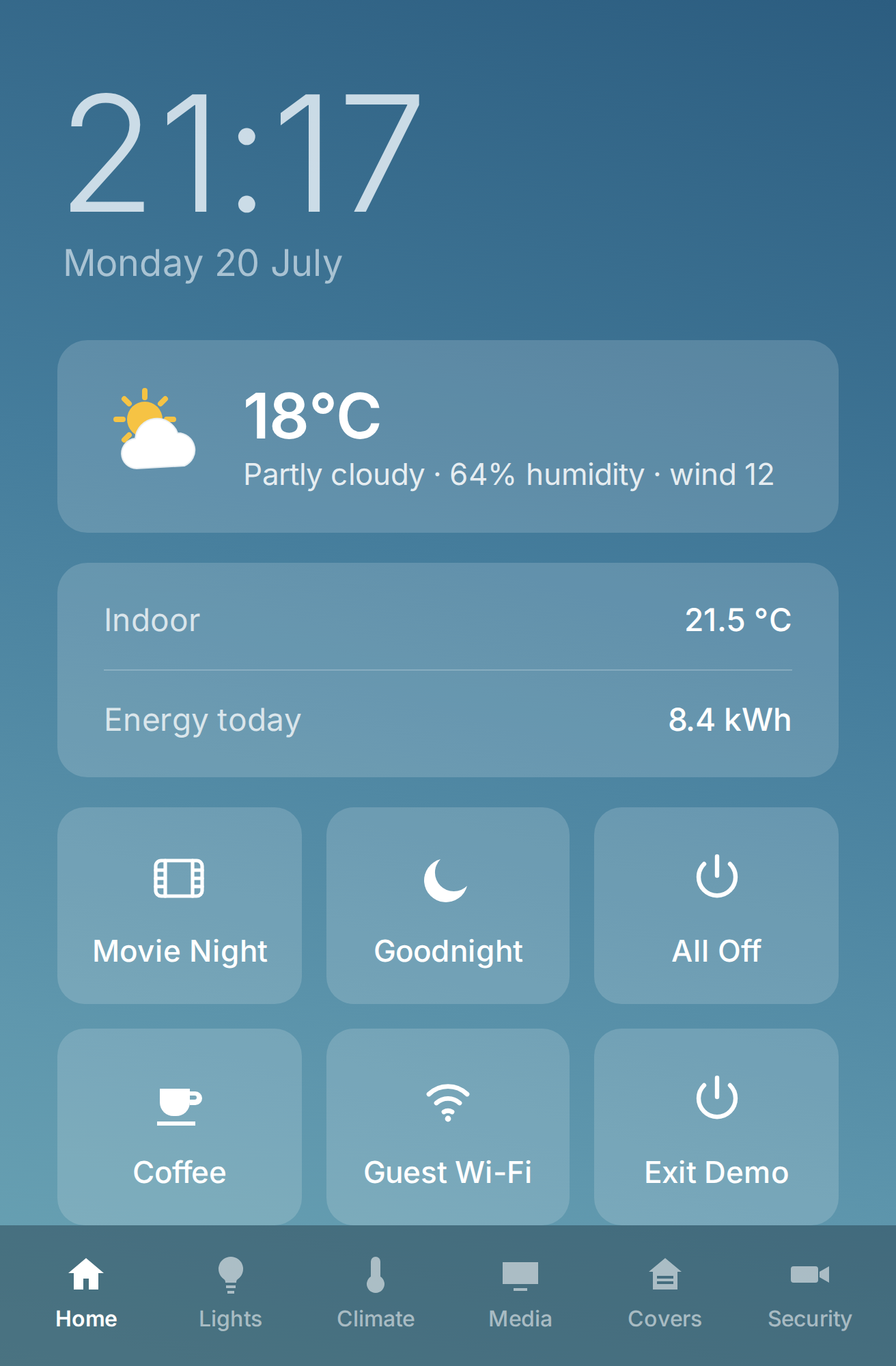 The HASS Kiosk home screen: a large clock, weather, room sensors and scene tiles over a dusk sky